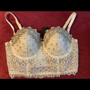 Bebe white bustier top with rhinestone detail